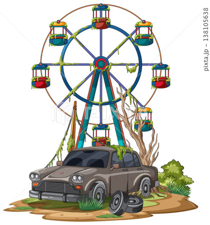 Abandoned Ferris Wheel and Rusty Car in Overgrown Park Abandoned Ferris Wheel and Rusty Car in Overgrown Park 138105638
