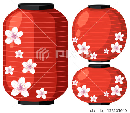 Red Japanese Lanterns with Cherry Blossom Floral Design 138105640