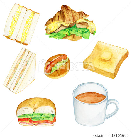 手描き水彩の朝食セット:コーヒーとトースト・サンドイッチ 手描き水彩の朝食セット:コーヒーとトースト・サンドイッチ 138105690