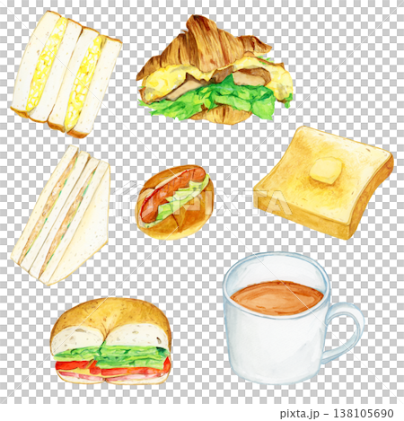 手描き水彩の朝食セット:コーヒーとトースト・サンドイッチ 手描き水彩の朝食セット:コーヒーとトースト・サンドイッチ 138105690