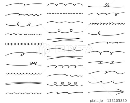 手書き風の線のベクターイラストセット。手描き、飾り、落書き、線画、ハート 手書き風の線のベクターイラストセット。手描き、飾り、落書き、線画、ハート 138105880