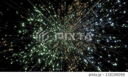 中央から放射状に飛び散る光の粒子と直線 中央から放射状に飛び散る光の粒子と直線 138106098