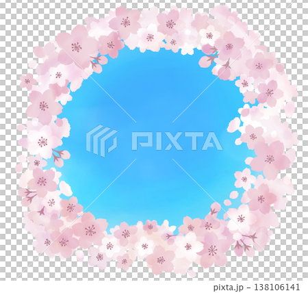 圓形畫框，畫面為春天盛開的櫻花，背景為藍天。 138106141