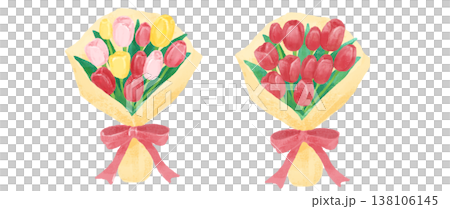 Illustration of a bouquet of tulips with a ribbon 138106145
