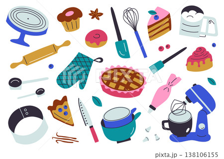 Baking clipart set with mixer, whisks, pie molds, rolling pin, cake stand. Flat cartoon pastry bag, pie, cake slice, muffin, oven mitt, home cooking and confectionery vector illustrations Baking clipart set with mixer, whisks, pie molds, rolling pin, cake stand. Flat cartoon pastry bag, pie, cake slice, muffin, oven mitt, home cooking and confectionery vector illustrations 138106155