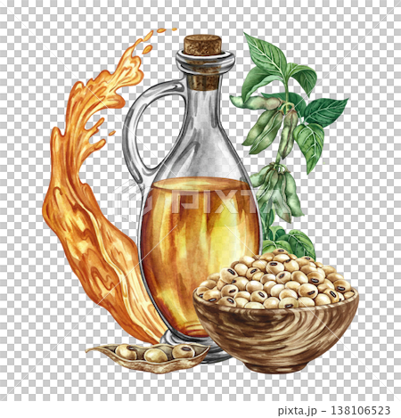 Soybean oil. Hand-drawn watercolor illustration. Beautiful composition of soybean oil and soybeans. For menus, recipes, and cookbooks. For banners, packaging, labels, and more. Soybean oil. Hand-drawn watercolor illustration. Beautiful composition of soybean oil and soybeans. For menus, recipes, and cookbooks. For banners, packaging, labels, and more. 138106523