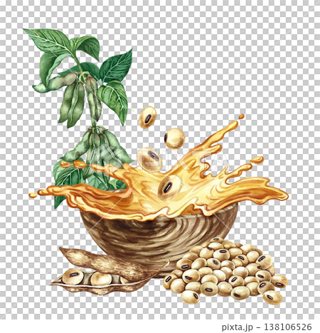 Soybean oil. Hand-drawn watercolor illustration. A splash of oil in a wooden bowl, soybeans, and plants. Perfect for creating labels, advertisements, packaging, banners, posters, and more. Soybean oil. Hand-drawn watercolor illustration. A splash of oil in a wooden bowl, soybeans, and plants. Perfect for creating labels, advertisements, packaging, banners, posters, and more. 138106526