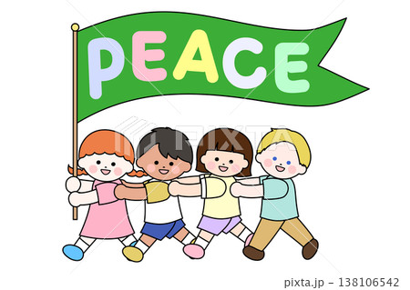 PEACEと書かれた緑の旗を掲げる国際色豊かな子どもたち PEACEと書かれた緑の旗を掲げる国際色豊かな子どもたち 138106542