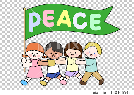 PEACEと書かれた緑の旗を掲げる国際色豊かな子どもたち PEACEと書かれた緑の旗を掲げる国際色豊かな子どもたち 138106542