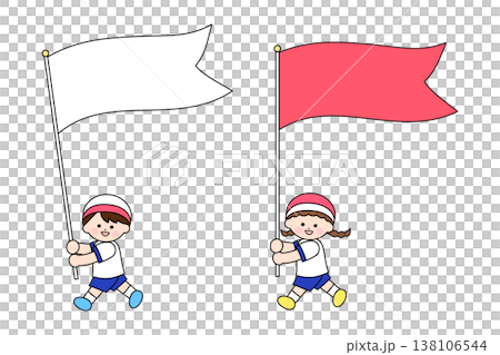 紅白の旗を持つ運動会の子どもたちのイラスト 138106544