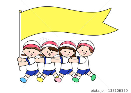 旗を掲げて更新する元気な子どもたち｜運動会のイメージイラスト 138106550