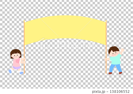 黄色の横断幕を上に掲げる女の子と男の子｜線なしのフラットスタイルイラスト 138106552