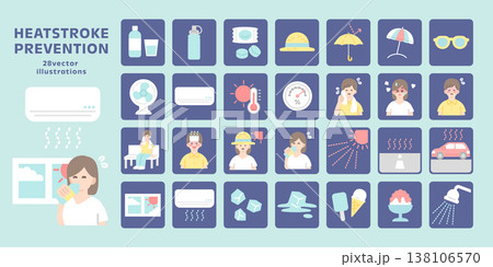 熱中症予防のフラットアイコン28点セット カラー人物付きの夏向けベクター素材 138106570