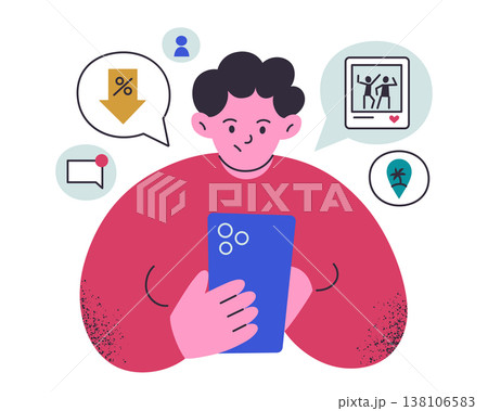Flat cartoon character with smartphone, checking messages, deals, events, travel spots in fear of missing out. FOMO and digital anxiety, online pressure, grainy texture vector illustration Flat cartoon character with smartphone, checking messages, deals, events, travel spots in fear of missing out. FOMO and digital anxiety, online pressure, grainy texture vector illustration 138106583