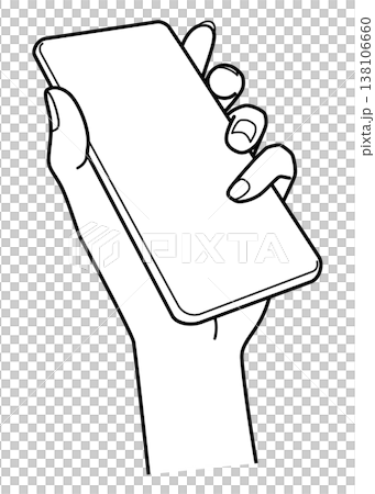 手部表現：一手拿著智慧型手機；單色線畫；向量圖。 138106660