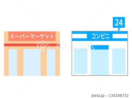 商業施設・店舗・スーパーとコンビニの外観イラストセット 138106732