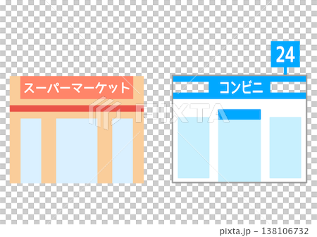 商業施設・店舗・スーパーとコンビニの外観イラストセット 138106732