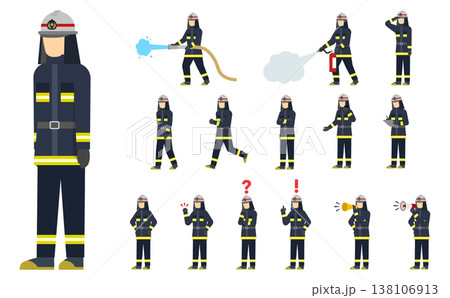 フラットイラスト:黒い消防服の消防士セット フラットイラスト:黒い消防服の消防士セット 138106913