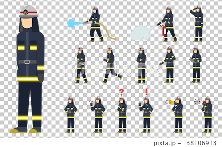 フラットイラスト:黒い消防服の消防士セット フラットイラスト:黒い消防服の消防士セット 138106913