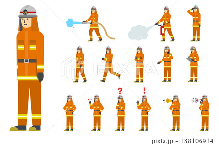 フラットイラスト:オレンジの消防服の消防士セット(表情あり) フラットイラスト:オレンジの消防服の消防士セット(表情あり) 138106914