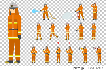 フラットイラスト:オレンジの消防服の消防士セット(表情あり) フラットイラスト:オレンジの消防服の消防士セット(表情あり) 138106914