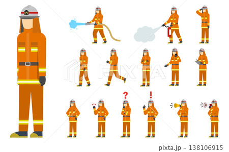 フラットイラスト:オレンジの消防服の消防士セット フラットイラスト:オレンジの消防服の消防士セット 138106915