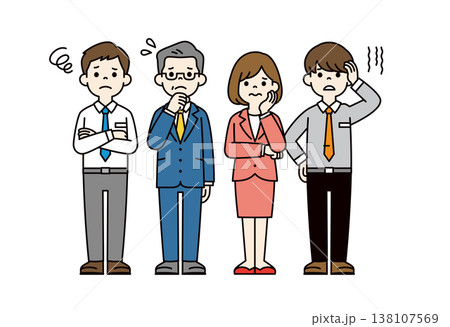 困る・悩む・考えるポーズの、企業の社長・男性社員・女性社員の全身ベクターイラスト素材セット 138107569