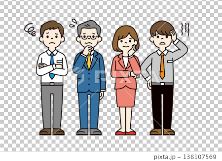 困る・悩む・考えるポーズの、企業の社長・男性社員・女性社員の全身ベクターイラスト素材セット 138107569