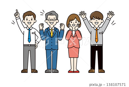 喜ぶ、嬉しそうな表情・ポーズの経営者・社長・男女の従業員の全身ベクターイラスト素材セット 138107571