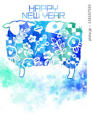 2027年・令和9年 青系・オシャレな未年年賀状素材(手描き水彩イラスト) 2027年・令和9年 青系・オシャレな未年年賀状素材(手描き水彩イラスト) 138107593