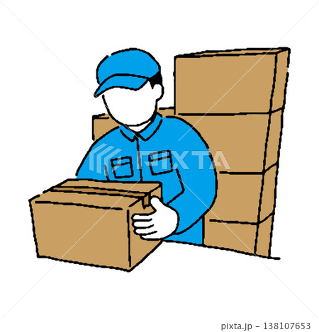 ダンボールを移動する作業着姿の男性 138107653