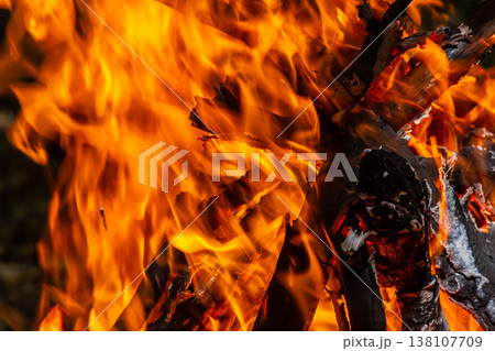 Flame of charcoal fire. Hearth for cooking and heating. Danger in forest 138107709