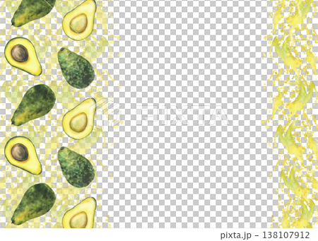 Avocado rectangular frame on watercolor splashes and stains green yellow background. Whole and cut fruit half with and without seed. Hand drawn isolated illustration template for cosmetic, food card. Avocado rectangular frame on watercolor splashes and stains green yellow background. Whole and cut fruit half with and without seed. Hand drawn isolated illustration template for cosmetic, food card. 138107912