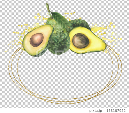 Avocado whole and cut halves fruit with seed with green leaves on watercolor splashes stains an golden oval frame. Hand painted illustration isolated from background for label design, packaging, card Avocado whole and cut halves fruit with seed with green leaves on watercolor splashes stains an golden oval frame. Hand painted illustration isolated from background for label design, packaging, card 138107922