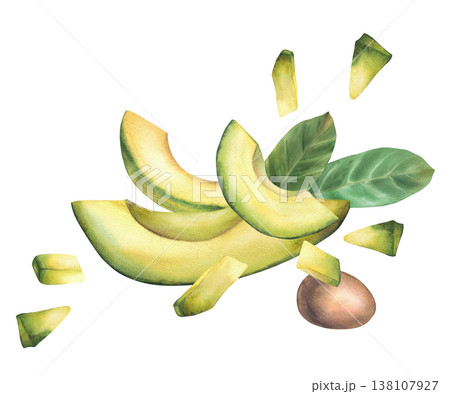 Avocado slices, pulp pieces, whole fruit and seed with leaves in dynamic motion. Hand drawn watercolor illustration isolated on white background food design for healthy vegan product, packaging, menu  138107927