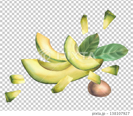 Avocado slices, pulp pieces, whole fruit and seed with leaves in dynamic motion. Hand drawn watercolor illustration isolated on white background food design for healthy vegan product, packaging, menu  138107927
