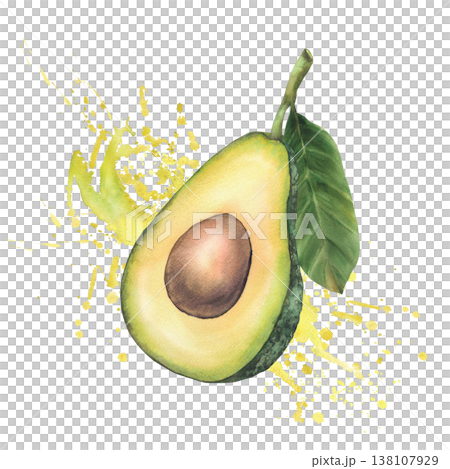 Halves of avocado fruit with seed and leaf on splash spot juicy watercolor yellow green background. Hand drawn illustration isolated for healthy food, cosmetic, product design label, packaging, menu 138107929