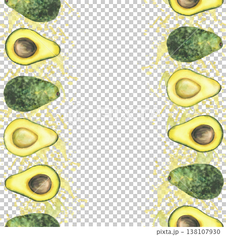 Avocado seamless border frame on watercolor splashes and stains green yellow background. Whole and cut fruit half with and without seed. Hand drawn isolated illustration for cosmetic, food packaging Avocado seamless border frame on watercolor splashes and stains green yellow background. Whole and cut fruit half with and without seed. Hand drawn isolated illustration for cosmetic, food packaging 138107930