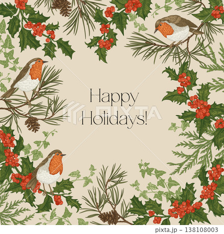 Christmas card with birds. Colorful. 138108003