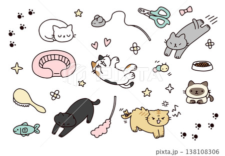 さまざまな種類のネコと飼育道具と装飾素材のイラストセット 138108306
