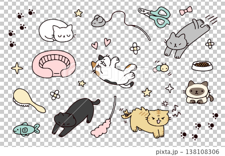 さまざまな種類のネコと飼育道具と装飾素材のイラストセット 138108306