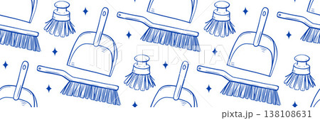 Seamless vector pattern featuring hand drawn cleaning supplies like dustpan, brush, scrubber. Ideal for wrapping paper, textile, backgrounds, packaging, website or branding with a cleanliness theme. Seamless vector pattern featuring hand drawn cleaning supplies like dustpan, brush, scrubber. Ideal for wrapping paper, textile, backgrounds, packaging, website or branding with a cleanliness theme. 138108631