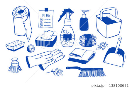 Set of hand drawn cleaning supplies and tools including gloves, spray bottle, sponge, gloves and bucket. Perfect for hygiene, household organization, cleaning tips. Vector doodle illustration. Set of hand drawn cleaning supplies and tools including gloves, spray bottle, sponge, gloves and bucket. Perfect for hygiene, household organization, cleaning tips. Vector doodle illustration. 138108651