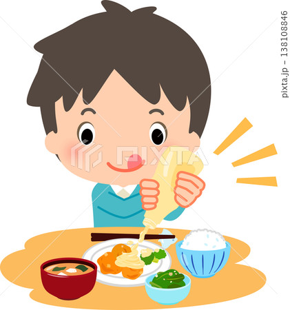 料理に大量のマヨネーズをかける男性 138108846