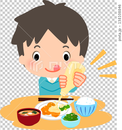 料理に大量のマヨネーズをかける男性 138108846