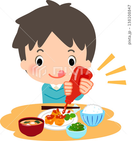 料理に大量のケチャップをかける男性 138108847