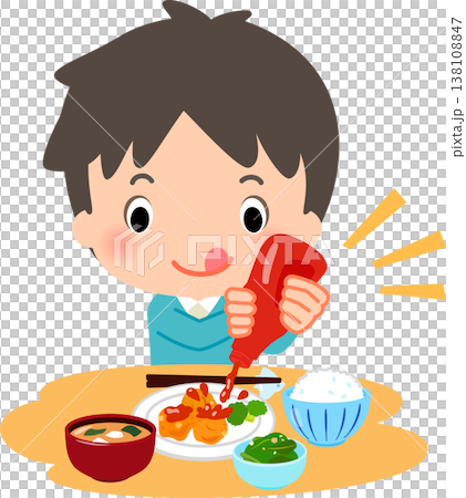 料理に大量のケチャップをかける男性 138108847