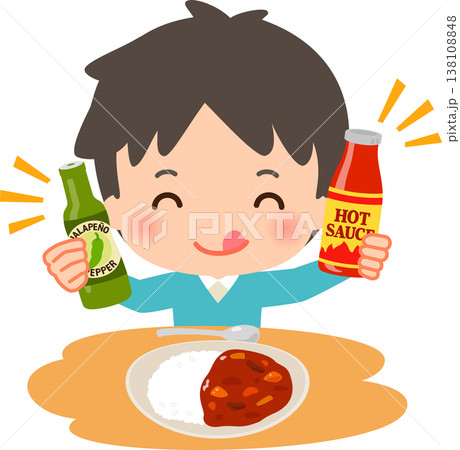 カレーライスに辛いソースをかけて食べる男性 カレーライスに辛いソースをかけて食べる男性 138108848
