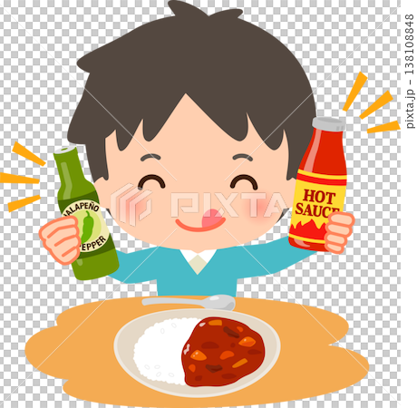 カレーライスに辛いソースをかけて食べる男性 カレーライスに辛いソースをかけて食べる男性 138108848