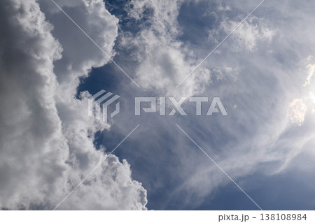 Expansive sky with scattered clouds and bright sun rays Expansive sky with scattered clouds and bright sun rays 138108984